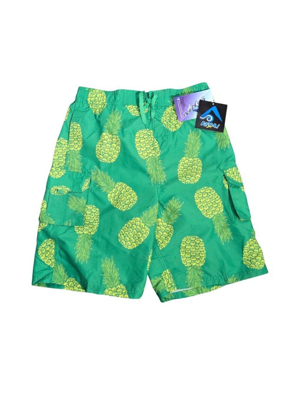 NWT | Kanu Surf Teen Green & Yellow Pineapple Print Cargo Swim Shorts | 14y